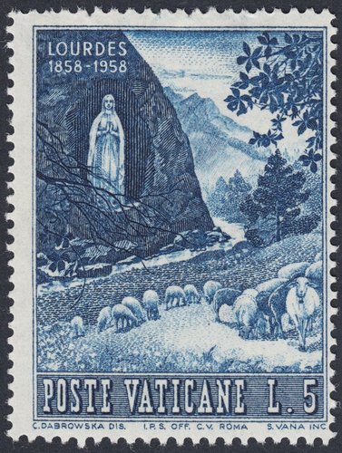 Nuestra Señora de Lourdes en la gruta de Massabielle. Grabado de Silvestro Vana