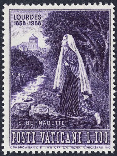 La Santa Bernadette. Sello de 100 liras. Vaticano, 1958. Grabado de Vittorio Nicastro
