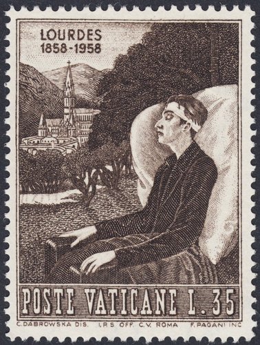 Enfermo desahuciado con el Santuario de Lourdes al fondo. Grabado de F. Pagani