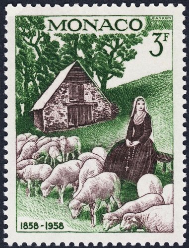La pastora Bernadette en Bartrès, pueblecito de Lourdes... Grabado de Pierre Gandon