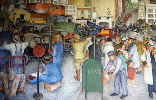 &quot;City Life&quot;, mural de Victor Arnautoff, parte izquierda. Coit Tower, San Francisco, Estados Unidos