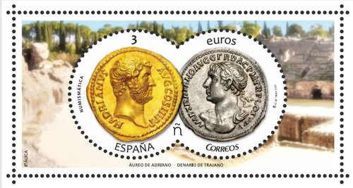 2017-11-03. Numismática. Áureo de Adriano y Denario de Trajano. Boceto. Baja.jpg