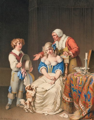 Malas noticias (1810), de Pierre-Alexandre Wille. Acuarela y gouache, 25 x 31 cm