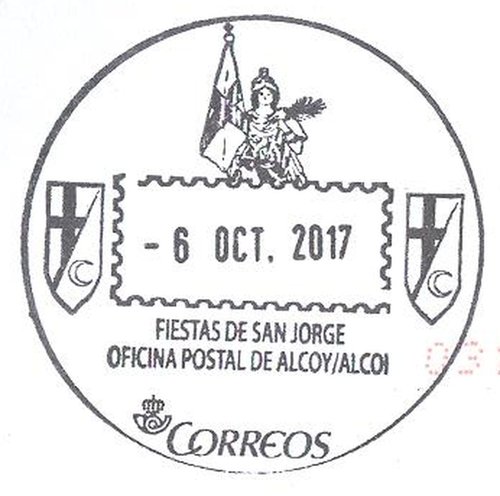 Matasellos turistico. Oficina postal de Alcoy-Alcoi. Fiestas de San Jorge. 2017-10-06.jpeg