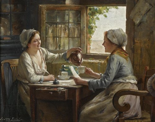 &quot;Buenas noticias&quot;, de Edward Antoon Portielje. Óleo sobre panel, 21 x 27 cm