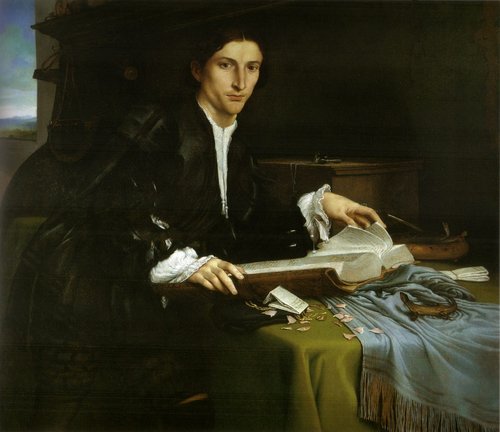 Retrato de un gentilhombre en su estudio, sobre 1530, de Lorenzo Lotto (1480-1556). Óleo sobre tela, 98 x 116 cm