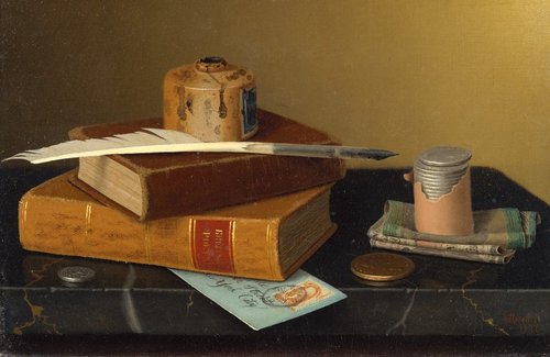 &quot;The Banker's Table&quot; (1877), de William Michael Harnett. Óleo sobre lienzo, 20.3 x 30.5 cm