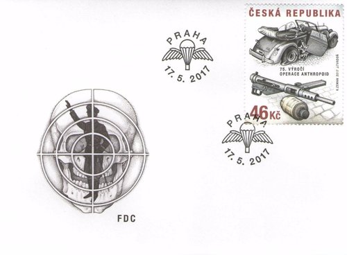 Sobre de Primer Día, 75 Aniversario Operación Anthropoid. Diseño de Karel Zeman, y viñeta y sello grabados por Jaroslav Tvrdoň