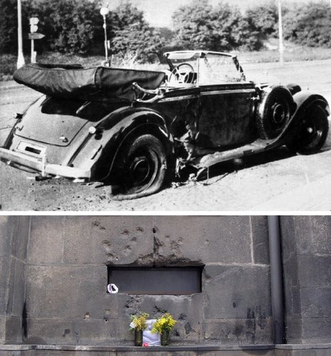 Coche en el que iba Reinhard Heydrich, después del atentado, y ventanilla de la Iglesia de San Cirilo (Praga), en cuya cripta fueron acorralados los guerrilleros checos tres semanas después