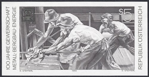 Impresión calcográfica en negro. Austria, 1990, Centenario de la Unión de Trabajadores del Metal y de la Minería
