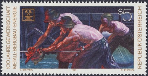 Sello emitido, diseñado y grabado por Otto Stefferl. Austria, 1990, Centenario de la Unión de Trabajadores del Metal y de la Minería. Impresión mixta en huecograbado y calcografía