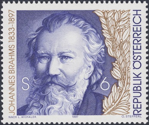 Sello emitido de Johannes Brahms, diseñado y grabado por Otto Stefferl. Austria, 1997, impresión mixta en huecograbado y calcografía