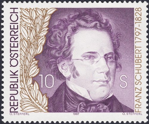 Sello emitido de Franz Schubert, diseñado y grabado por Otto Stefferl. Austria, 1997, impresión mixta en huecograbado y calcografía