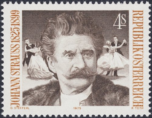 Johann Strauss hijo, Austria, 1975, huecograbado (letras y números laterales) y calcografía (resto). Grabado de Rudolf Toth