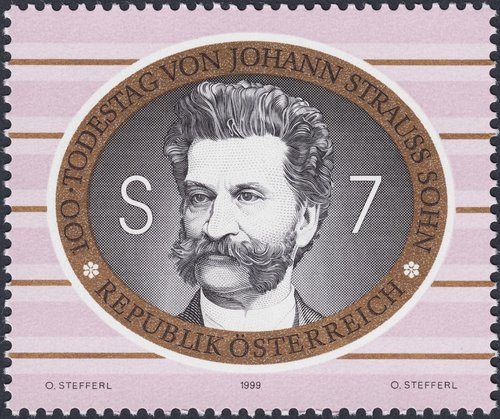 Austria, 1999, Johann Strauss hijo. Diseño y grabado de Otto Stefferl. Impresión mixta en huecograbado y calcografía