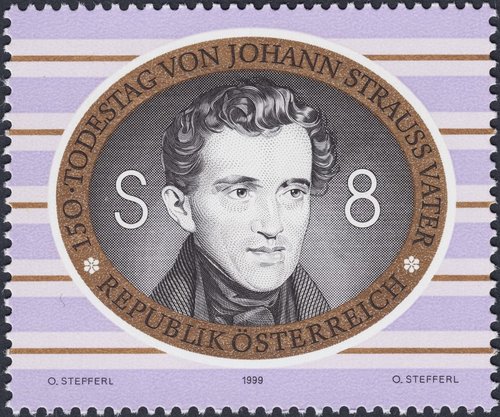 Austria, 1999, Johann Strauss padre. Diseño y grabado de Otto Stefferl. Impresión mixta en huecograbado y calcografía