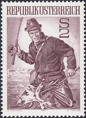 El maravilloso sello del pescador de truchas, grabado por Werner Pfeiler. Austria, 1971