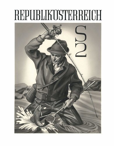 Posible diseño alternativo de Otto Stefferl para el sello del pescador de truchas