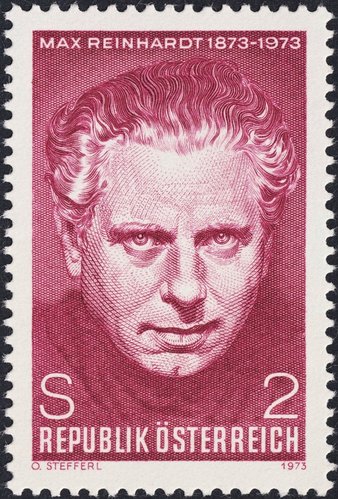 Sello emitido de Max Reinhardt, diseñado y grabado por Otto Stefferl. Austria, 1973, calcografía