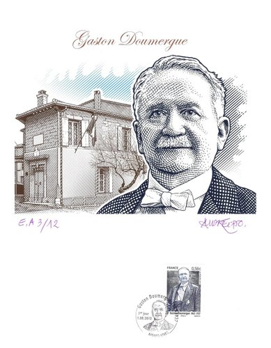 Ilustración especial de Andréotto para la emisión del sello de Doumergue