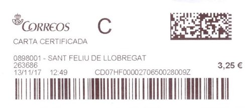 Etiqueta térmica digital. 0898001 - Sant Feliu de Llobregat. 263686. Carta certificada. 3,25. 4,1x10. 2017-11-13. 12.49.jpeg