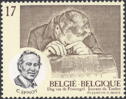 Bélgica, 1997. Día del Sello, que homenajea a Constant Spinoy. Huecograbado y calcografía. Diseño de Myriam Voz y Thierry Martin (MVTM)