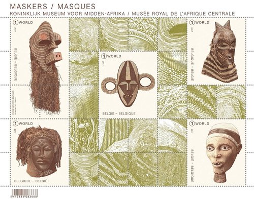 Hojita de Bélgica de 2017. Máscaras africanas. Diseño del Estudio Luc Derycke. Impresión mixta en calcografía y huecograbado. Imagen promocional de Bpost
