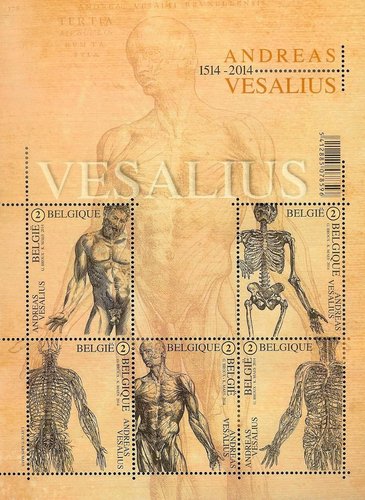 Emisión conjunta entre Bélgica y Portugal, 2014. Andreas Vesalius (1514-1564), 500 años del natalicio. Diseño de Kris Maes. Huecograbado y calcografía