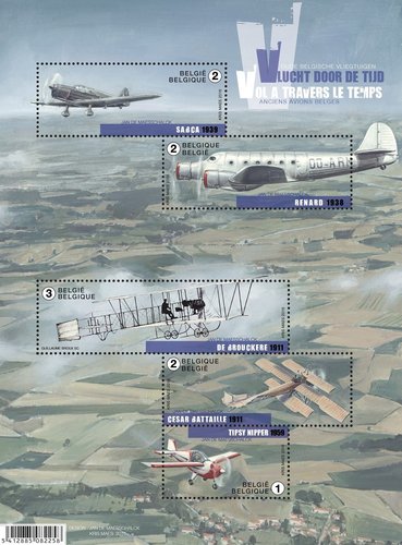 El vuelo a través de los tiempos, viejos aviones belgas. Bélgica, 2016. Dibujos de Jan De Maesschalck y diseño general de Kris Maes. Impresión combinada en huecograbado y calcografía