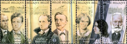 Serie completa de los escritores, Bélgica, 2010. Diseño de Myriam Voz y Thierry Martin, a partir de los retratos de Jan De Maesschalck
