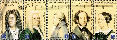 Serie completa de los compositores, Bélgica, 2009. Diseño de Myriam Voz y Thierry Martin, a partir de los retratos de Jan De Maesschalck