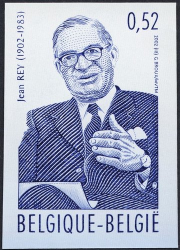 El político Jean Rey. Bélgica, 2002.  Impresión calcográfica sin dentar. Diseño del sello de Myriam Voz y Thierry Martin (MVTM), retrato grabado por Guillaume Broux