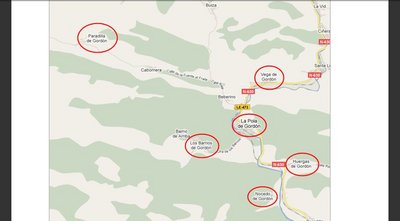 Mapa de los pueblos de León con la palabra GORDON en su denominación