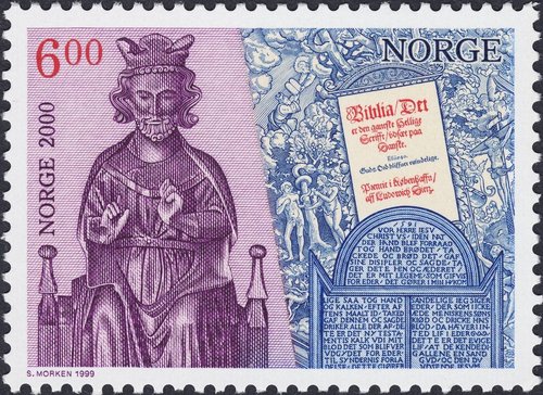 Sello finalmente emitido en junio de 1999, junto a los otros tres de la serie del Milenio de Noruega. Calcografía y offset