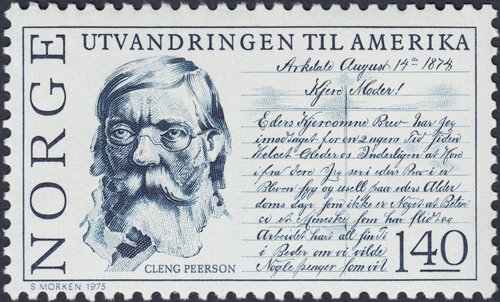 Retrato del pionero Cleng Peerson (1782-1865) y al lado una carta enviada desde América en 1874... Noruega, 1975. Diseño y grabado de Sverre Morken