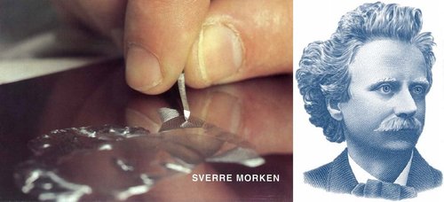Sverre Morken grabando el retrato de la derecha del compositor Edvard Grieg, para el billete anterior de 1991