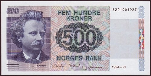 Billete de Noruega de 1991, 500 coronas, Edvard Grieg. Retrato grabado por Sverre Morken