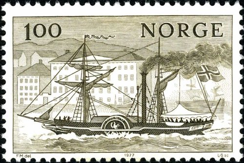 El histórico buque de vapor &quot;Constitutionen&quot;, a su paso por Arendal. Noruega, 1977. Grabado de Knut Lokke Sorensen
