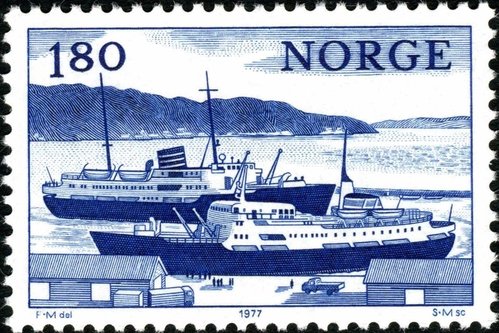 Barcos &quot;Nordstjernen&quot; y &quot;Harald Jari&quot; (1970). Noruega, 1977. Grabado de Sverre Morken