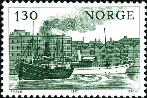 Barcos &quot;Kong Haakon&quot; (1904) y &quot;Dronningen&quot; (1893) en el puerto de Stavanger. Noruega, 1977. Grabado de Sverre Morken