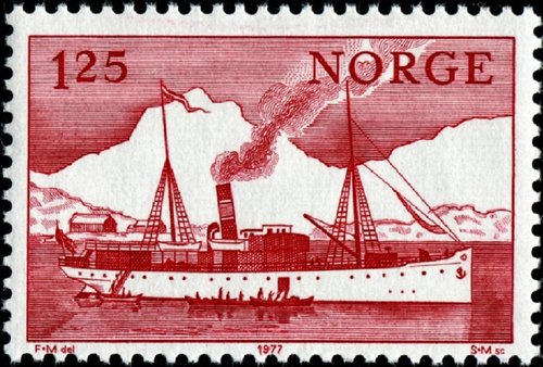 Barco &quot;Vesteraalen&quot; en el puerto de Bodo (1893). Noruega, 1977. Grabado de Sverre Morken
