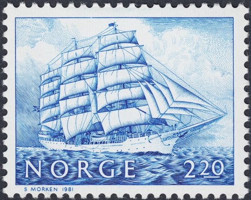 El buque escuela &quot;Christian Radich&quot;, en el que Morken se embarcó con sólo 15 años y que después diseñaría y grabaría en este bello sello de Noruega de 1981