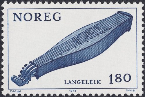 Langeleik, una cítara noruega. Sello grabado por Sverre Morken. Noruega, 1978