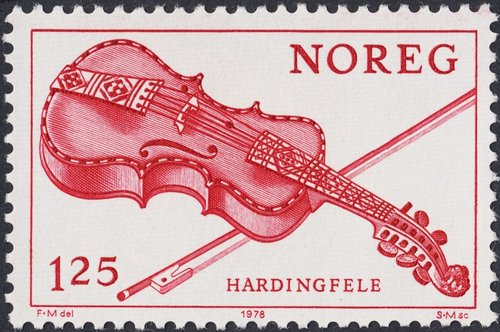 Hardingfele, violín noruego, 1978. Sello grabado por Sverre Morken
