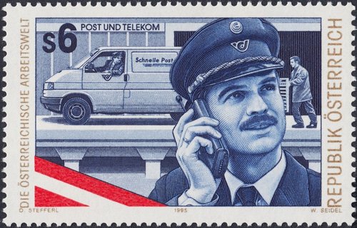El mundo del trabajo, Austria, 1995. Correo y telecomunicaciones. Grabado de Wolfgang Seidel. Huecograbado y calcografía