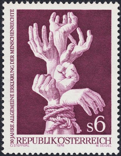 30 Aniversario de la Declaración Universal de los Derechos Humanos (1948). Austria, 1978. Sello grabado por Wolfgang Seidel