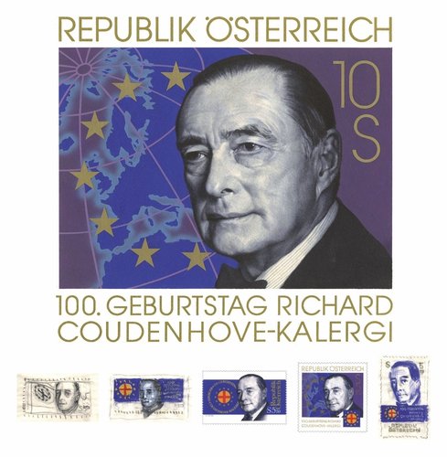 Diseños y bocetos para el sello del intelectual y político Richard Coudenhove-Kalergi, grabado por el propio Stefferl y emitido por Austria en 1994