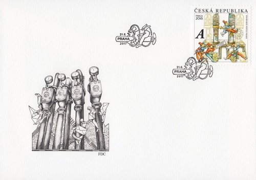 Sobre de Primer Día. Correo neumático, 2017. Diseño de Dušan Kállay. Grabado de la viñeta del sobre, Miloš Ondráček