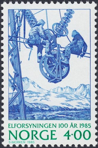 Centenario de la electrificación de Noruega, 1985. Diseño y grabado de Sverre Morken