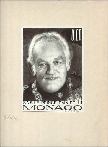 Proyecto de sello no adoptado de Rainiero III, obra de Eugène Lacaque